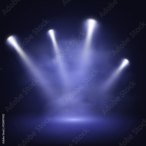 Illuminated stage with scenic lights and smoke, vector background