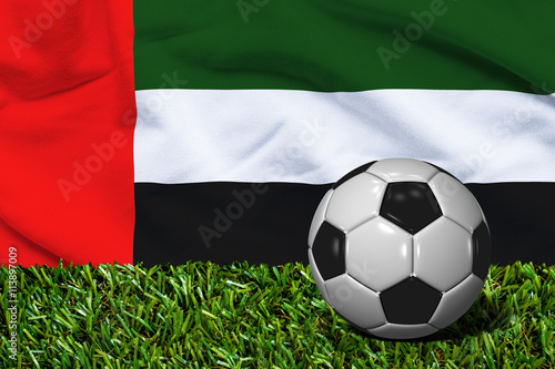 Soccer Ball on Grass with UAE Flag Background  3D Rendering