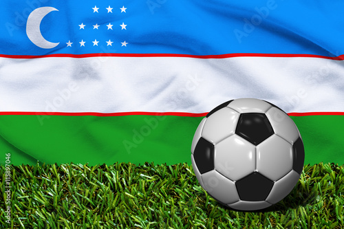 Soccer Ball on Grass with Uzbekistan Flag Background  3D Rendering
