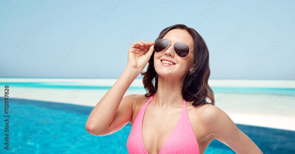 happy woman in sunglasses and bikini on beach happy woman in sunglasses and bikini on beach