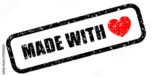 Stempel: MADE WITH LOVE/HEART – Vektor, grunge, rot-schwarz, freigestellt