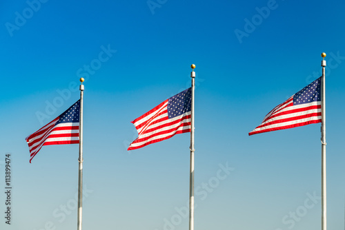 Flags of the United States waving over blue sky in Washington DC