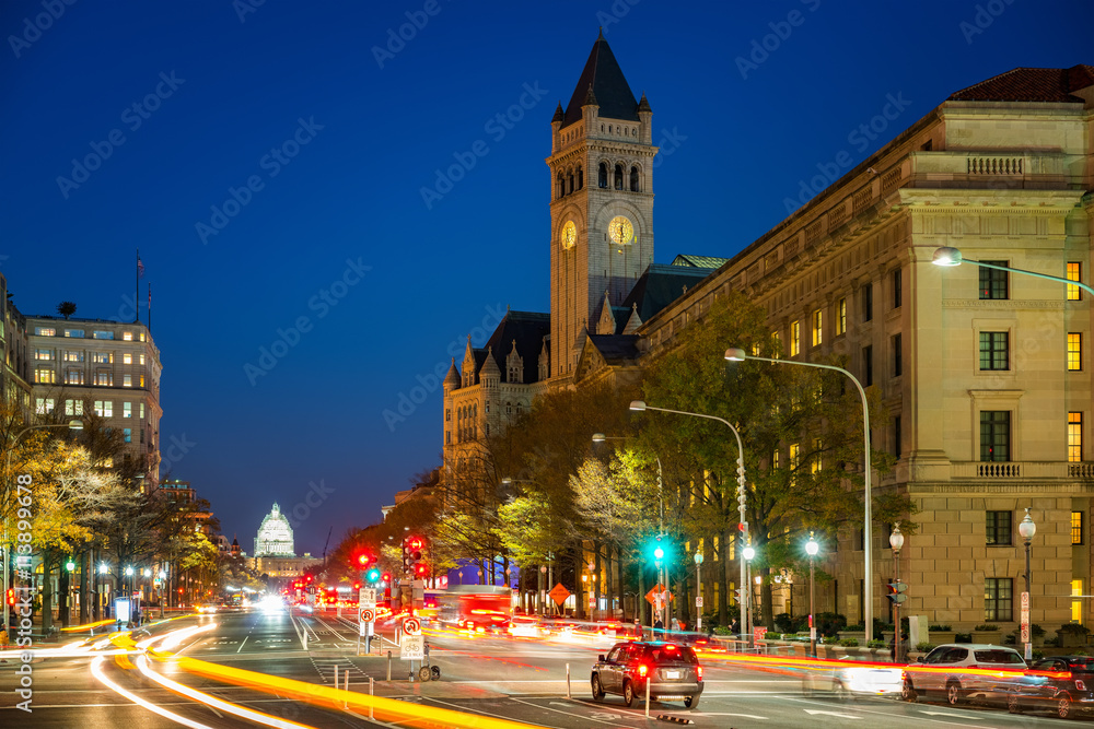 Pennsylvania Avenue, Old post building and Capitol at night, Washington DC, USA