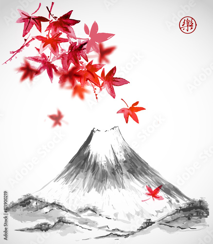 Fujiyama mountain and red leaves of Japanese maple on white background. Traditional Japanese ink painting sumi-e. Contains hieroglyph - joy