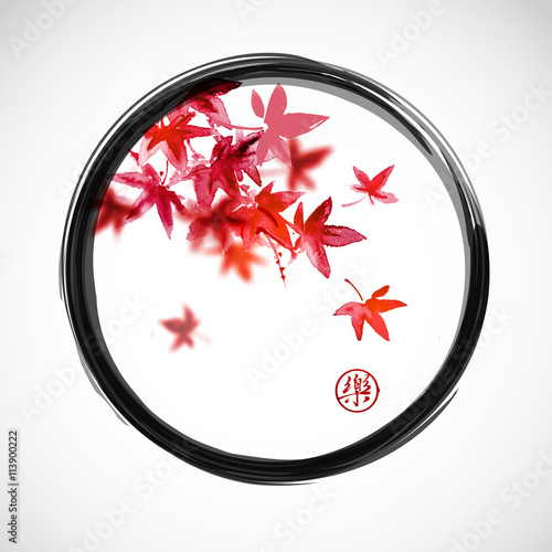 Red japanese maple leaves in black enso zen circle Contains hieroglyph - joy.