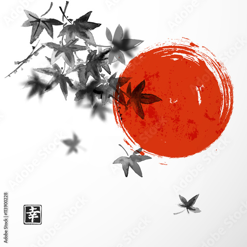 Japanese maple leaves and red sun on white backrgound. Contains hieroglyph - happiness. photo