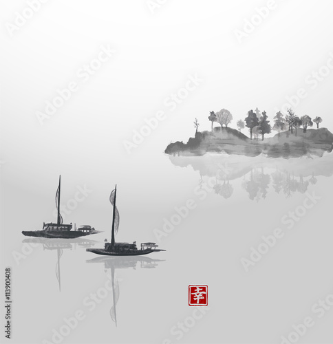 Two fishing boats and island with trees in fog. Traditional Japanese ink painting sumi-e. Contains hieroglyph - happiness. Vector illustration.