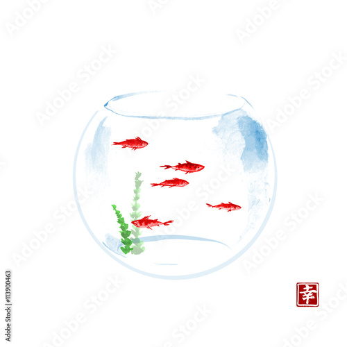 Aquarium with five small red fishes. Traditional Japanese ink painting sumi-e. Contains hieroglyph - happiness.