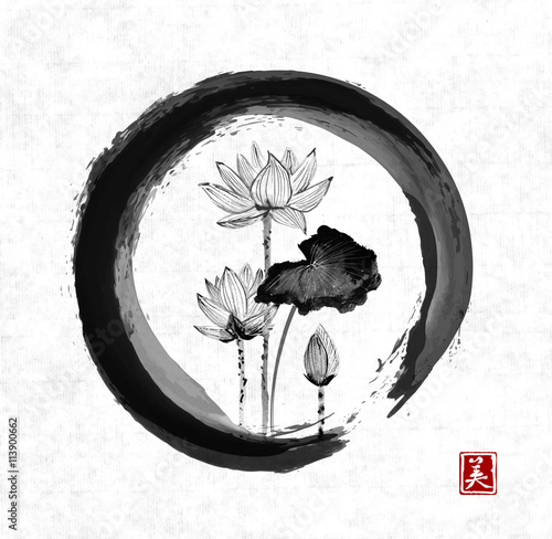 Lotus flowers in black enso zen circle on white backgroiund. Traditional Japanese ink painting sumi-e. Contains hieroglyph - beauty