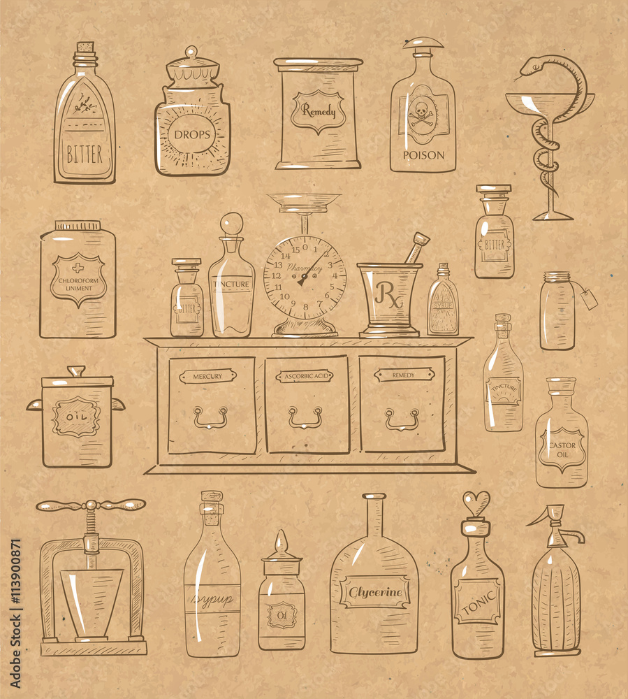 Bottle With Pills. Pharmacy, Medicine Concept. Sketch Vector Illustration  Royalty Free SVG, Cliparts, Vectors, and Stock Illustration. Image  120364581.