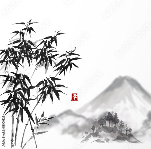 Bamboo trees and Fujiyama mountain hand-drawn with ink in traditional Japanese painting style sumi-e. Contains hieroglyph - happiness.