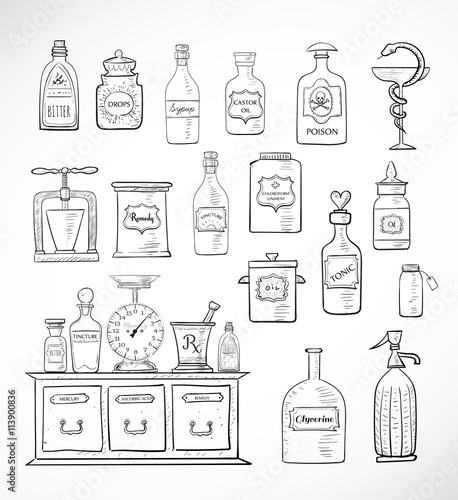 Sketches of vintage drugstore objects on white background. Pharmacy bottles, mortar and pestle, old apothecary cabinet, scales etc. photo