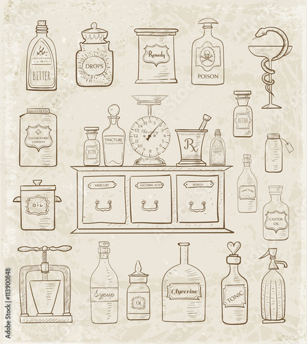 Sketches of vintage drugstore objects on vintage background. Pharmacy bottles, mortar and pestle, old apothecary cabinet, scales etc.