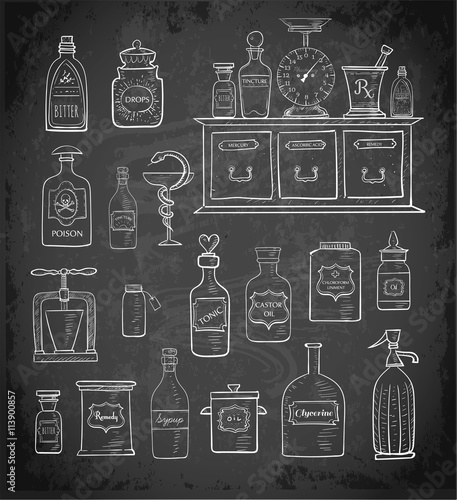 Sketches of vintage drugstore objects on blackboard background. Pharmacy bottles, mortar and pestle, old apothecary cabinet, scales etc.