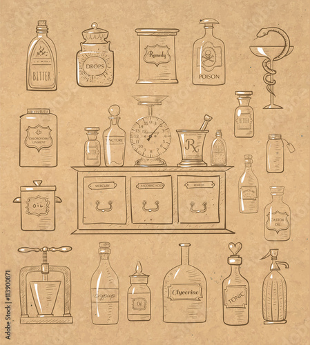 Sketches of vintage drugstore objects on vintage background. Pharmacy bottles, mortar and pestle, old apothecary cabinet, scales etc.