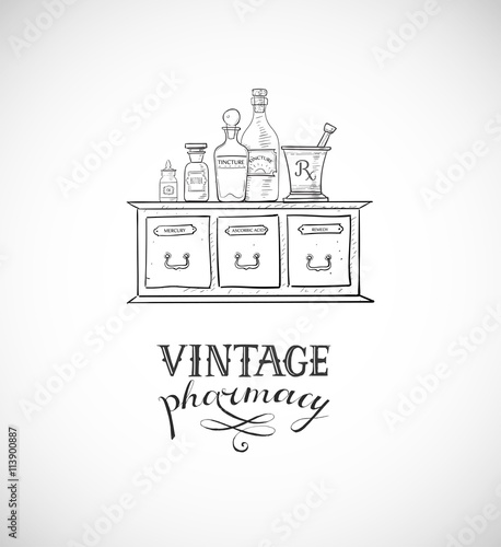 Card with sketch vintage pharmacy elements.