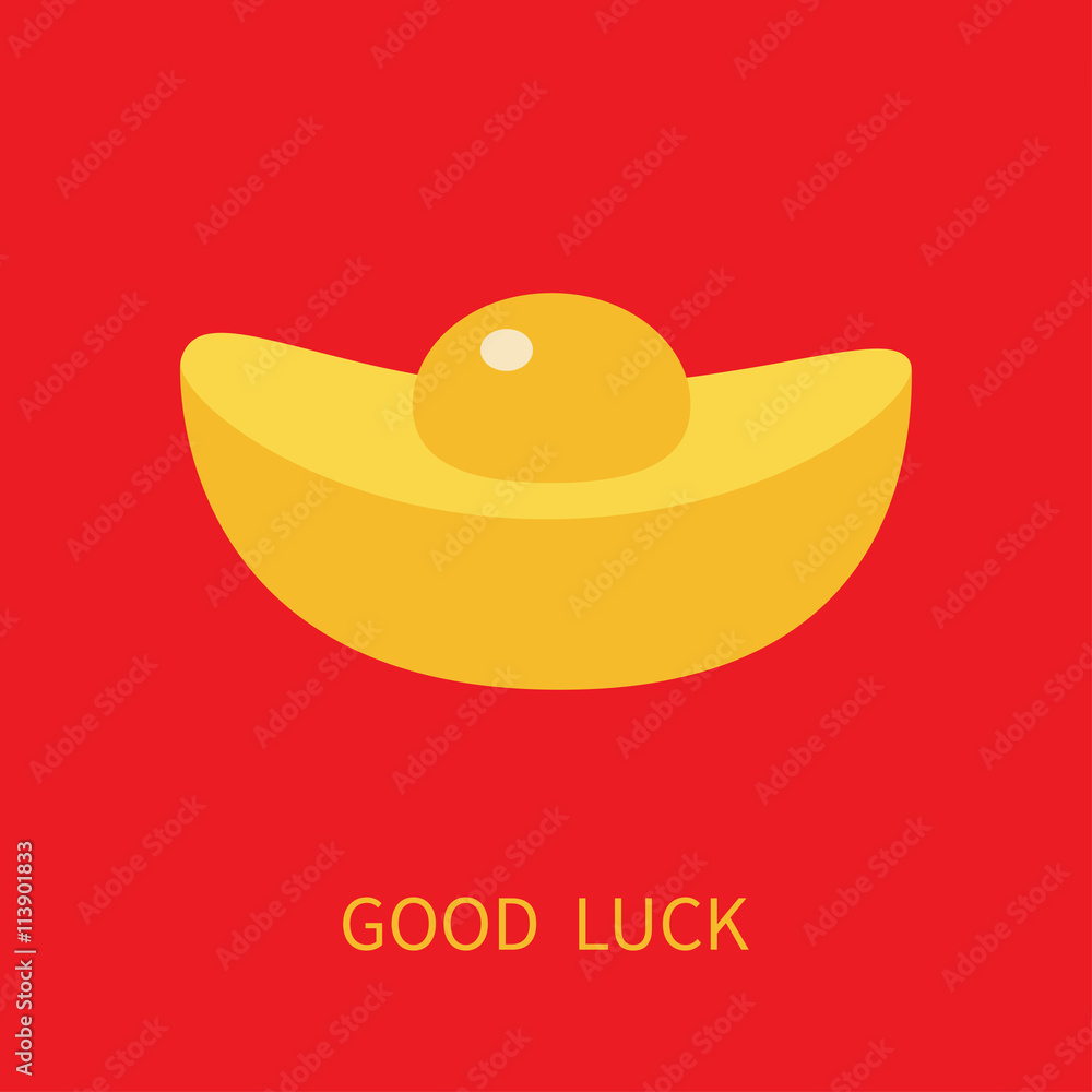 Chinese gold Ingot. Golden bar icon. Cinese New Year symbol atribute. Good luck. Greeting card. Flat design. Red background. Chinese gold Ingot. Golden bar icon. Cinese New Year symbol atribute. Good luck. Greeting card. Flat design. Red background.