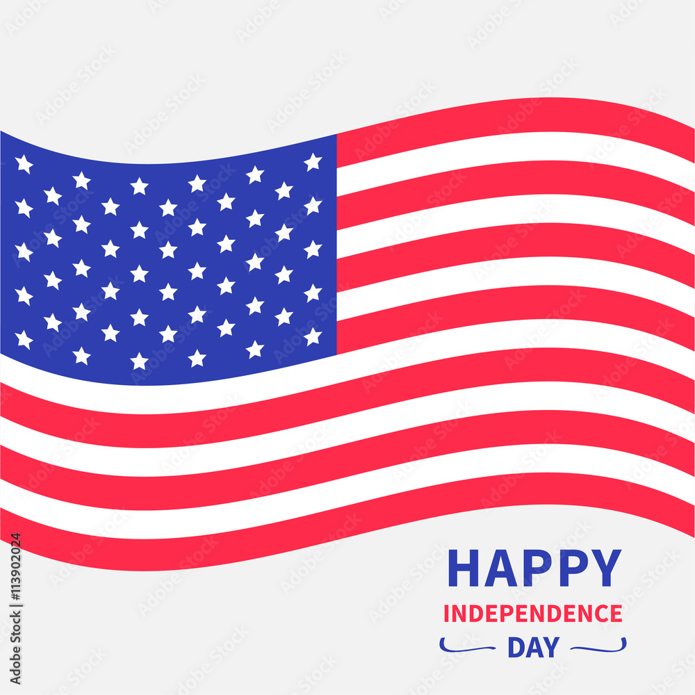 Waving American flag. Happy independence day United states of America. 4th of July. Isolated. Whte background. Greeting card. Flat design. Waving American flag. Happy independence day United states of America. 4th of July. Isolated. Whte background. Greeting card. Flat design.