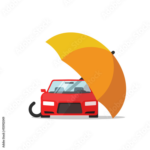 Car insurance vector concept, auto protection, flat cartoon car protected with umbrella illustration, automobile safety icon isolated on white background