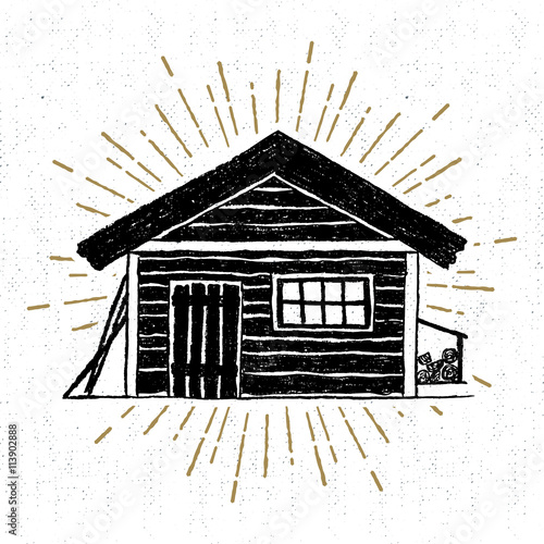 Tablou canvas Hand drawn icon with a textured wooden cabin vector illustration.