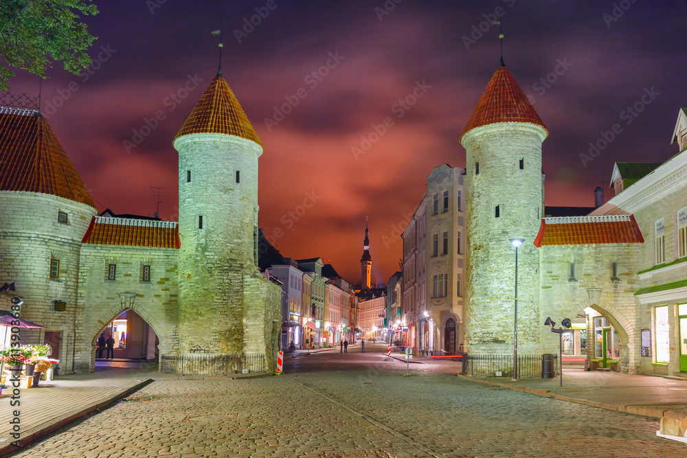 Fototapeta premium Guard towers of Viru Gate, Narrow street illuminated of Old Town at night, City Hall on the background, Tallinn, Estonia
