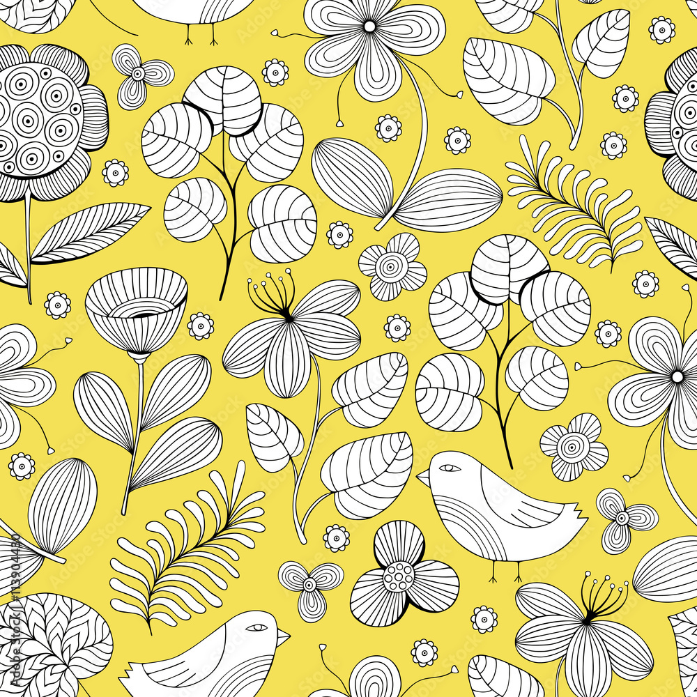 Fototapeta Beautiful monochrome Flowers set, Vector seamless pattern.
