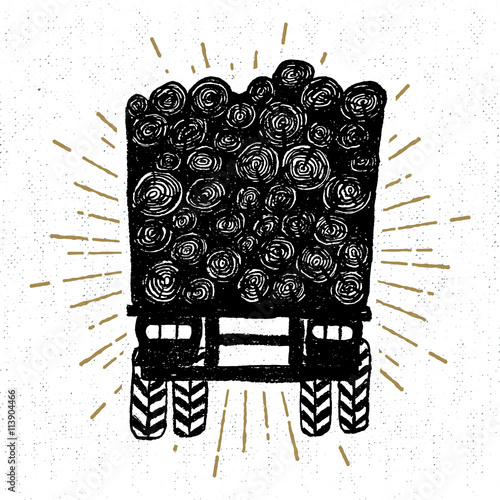 Hand drawn icon with a textured log truck vector illustration.