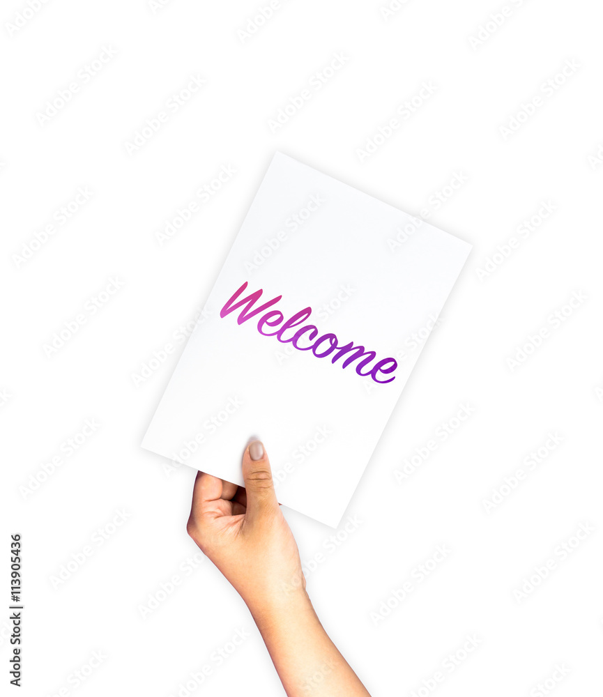 Welcome on card with hand holding; isolated, clipping path Welcome on card with hand holding; isolated, clipping path