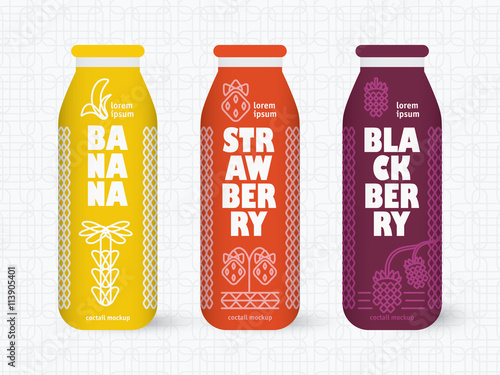 Bottle of juice, sugar water, tea or cocktail with drawing strawberry, blackberry and banana. Retro texture on the background. Concept design for juice or cocktail.