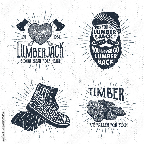 Hand drawn vintage badges set with textured tree trunk, crossed axes, bearded face, boots, and timber vector illustrations and inspirational lettering.
