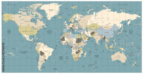 World Map old colors illustration: countries, cities, water obje