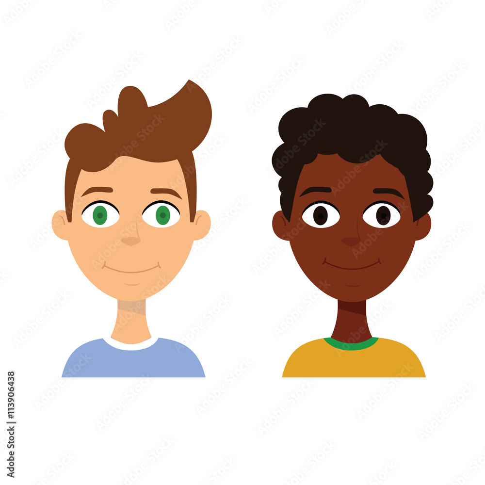 European and african ethnic cartoon boy avatar on white background European and african ethnic cartoon boy avatar on white background