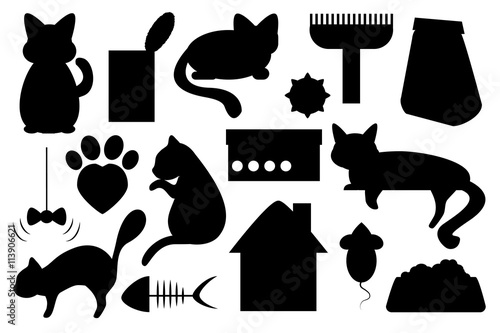 Cat pet vector illustration, with cat food, cat toy, cat paw mark and cat house