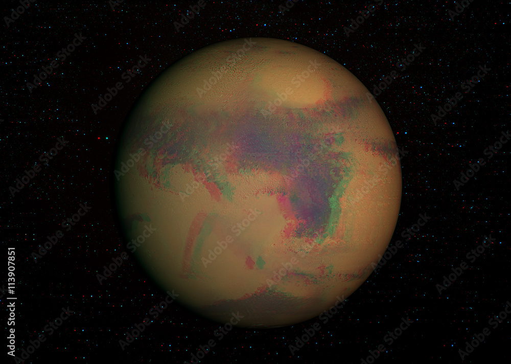 3D anaglyph image of Mars with stars in the background. Includes NASA data. View with red/cyan glasses.