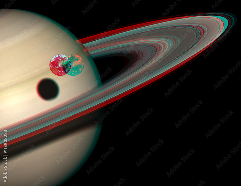 Naklejka premium Earth and Saturn 3D anaglyph with correct sizes. Includes NASA data. View with red/cyan glasses.