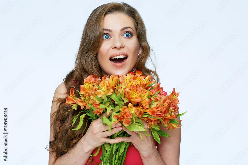 Beautiful surprised woman with flowers bouquet. Beautiful surprised woman with flowers bouquet.