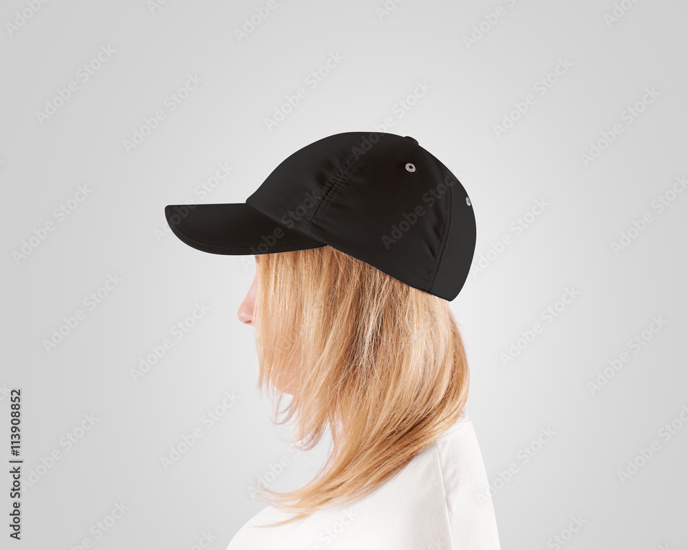 Blank Black Baseball Cap Mockup Template Wear On Women Head Profile Isolated Woman In Gray 