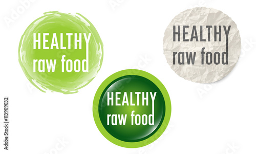 Set of three circular icons with the words healthy raw food