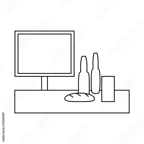 Cash desk in supermarket with groceries icon