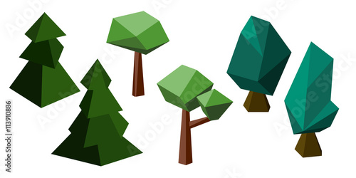 Polygon trees set: fir tree, oak and maple, natural vector clipart