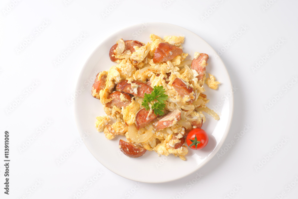 scrambled eggs with sliced sausage scrambled eggs with sliced sausage