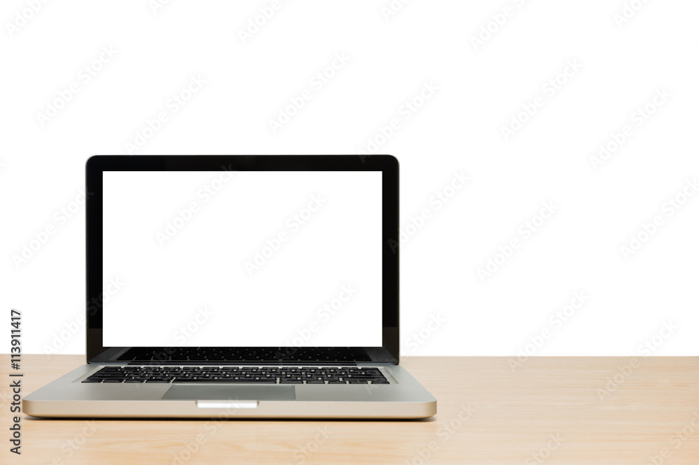 Open laptop with isolated white screen on wood Open laptop with isolated white screen on wood