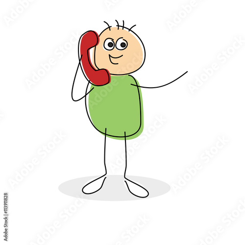 Happy cartoon character chatting on a red phone