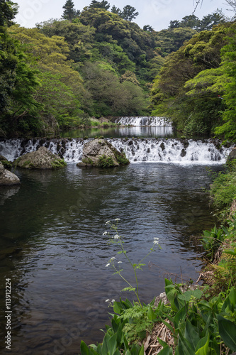 View of Cheonjiyeon River and two small cascades near Cheonjiyeon Falls on Jeju Island in South Korea.