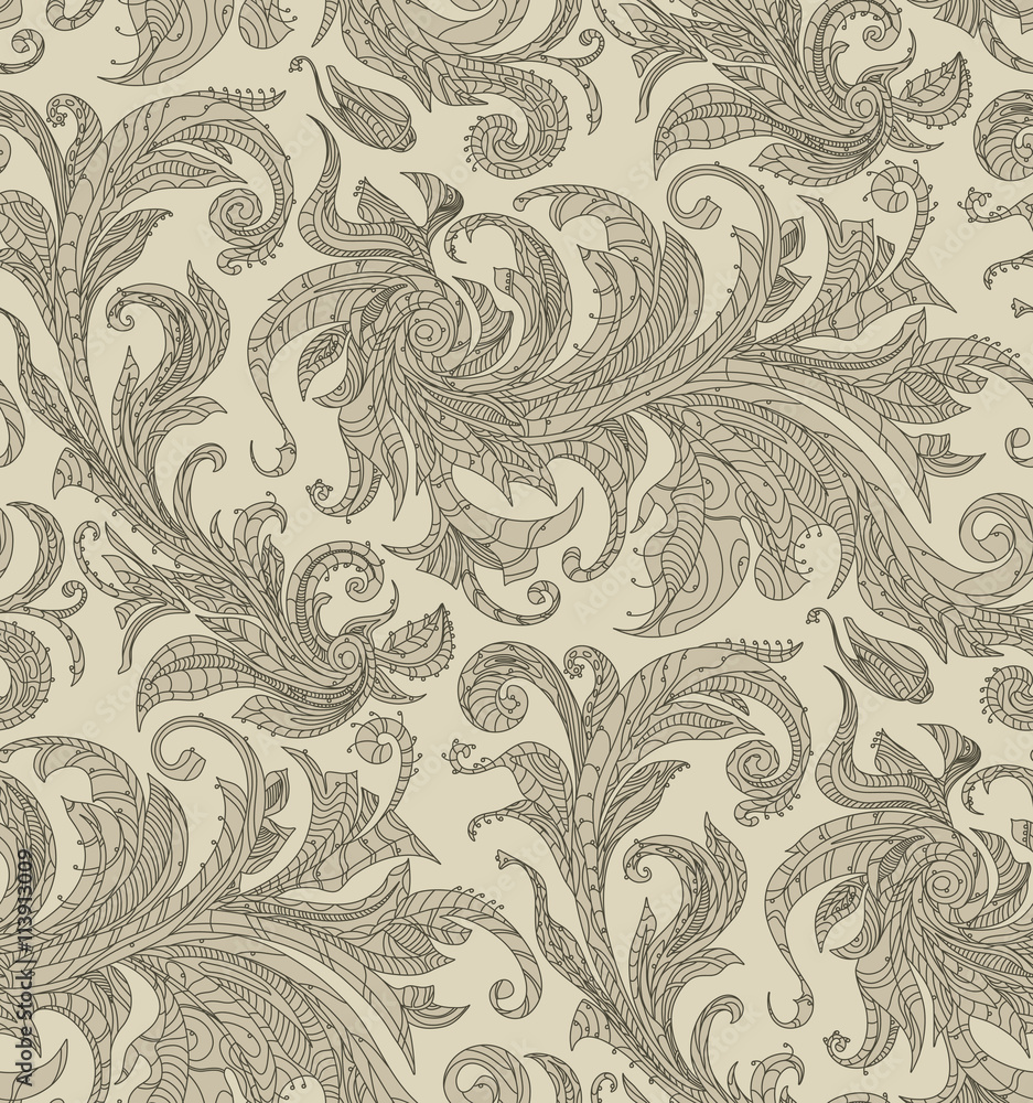 Handmade unusual seamless vector pattern. Exotic floral design background. Feathers and leaves, black thin contour line. Art print on fabric Handmade unusual seamless vector pattern. Exotic floral design background. Feathers and leaves, black thin contour line. Art print on fabric