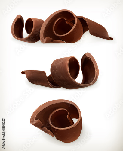 Chocolate shavings, chocolates curl, sweet food, vector icon set isolated on white background