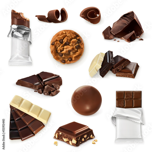 Chocolate, vector icon set. Different kinds of cacao products: energy bar, candy, chocolate pieces, slices, shavings, cookie. Delicious collection for dessert, advertising illustration for sweet shop
