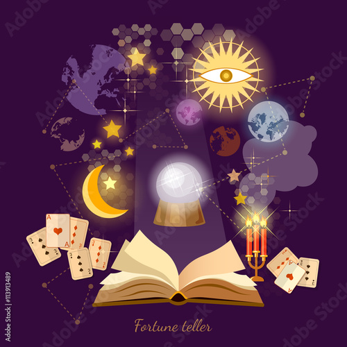 Fortune teller crystal ball in psychics magic book astrology