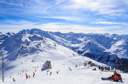 View of snow covered Courchevel slope in French Alps. Ski Resort