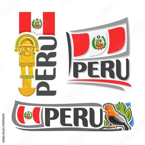 Vector logo Peru, 3 isolated illustrations: inka tumi ceremonial knife, ritual golden axe on background of national state flag, peruvian flag Republic of Peru beside symbol - andean cock-of-the-rock